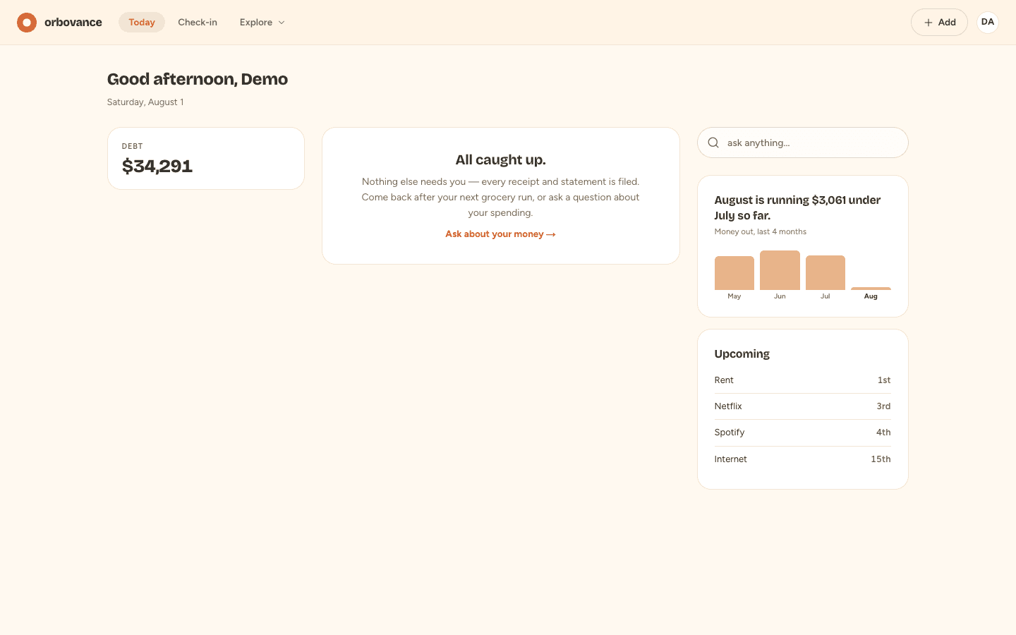 Orbovance today feed showing a budget summary, debt overview card, two AI insight cards, and the ask-anything AI rail with a spending bar chart